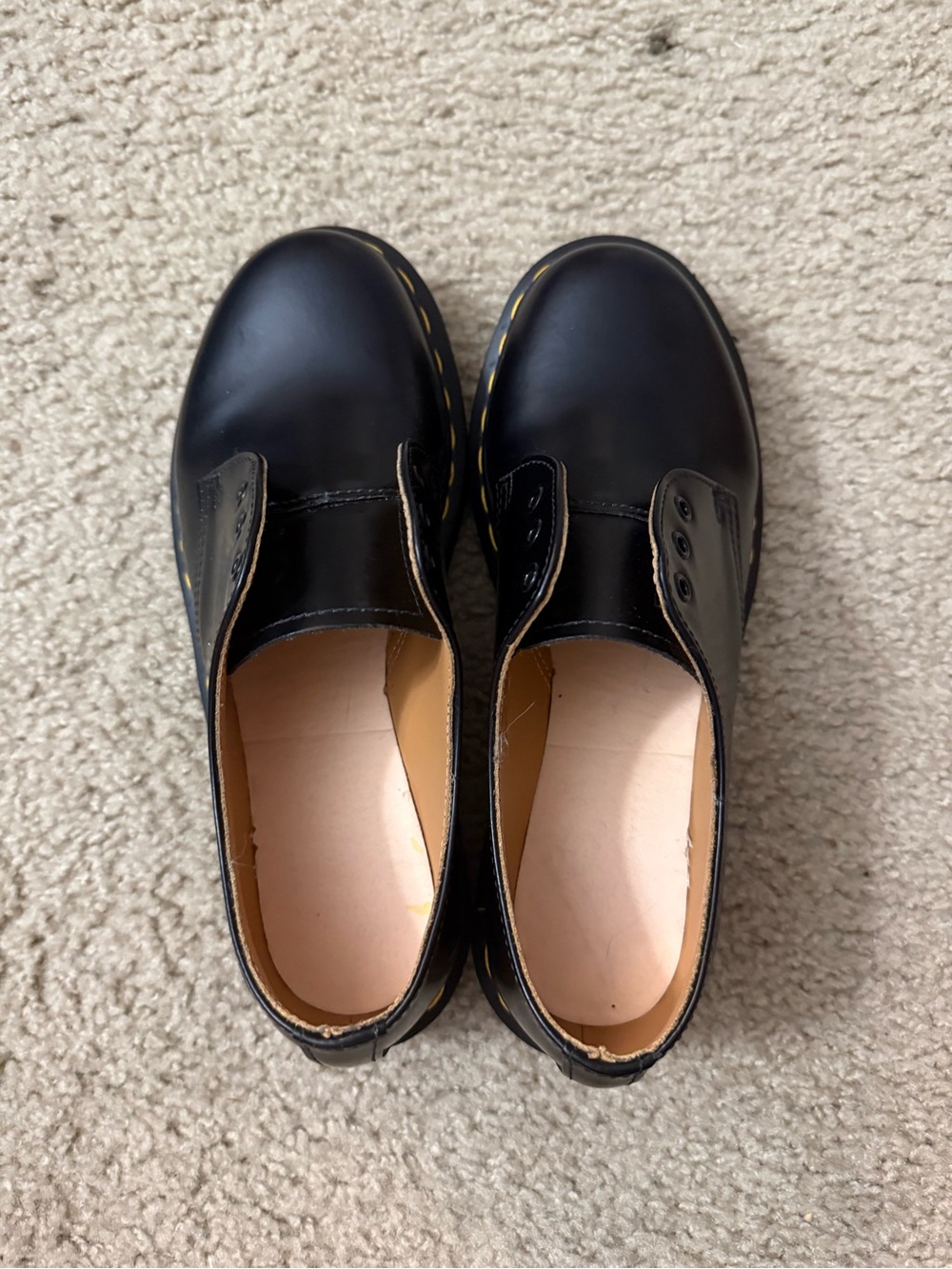 Dr. Martens Black Leather Oxfords with Yellow Stitching